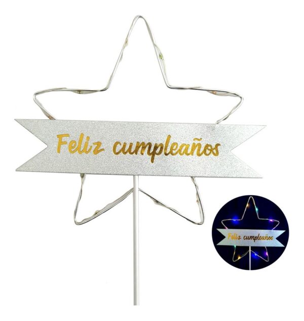 Topper Feliz Cumpleaños con Luz Led Alambre xU