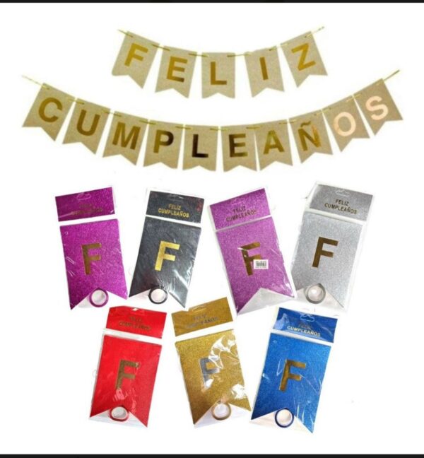 Banderín con Brillo Gibre "Feliz Cumpleaños" x12u ($0,85 c/u)